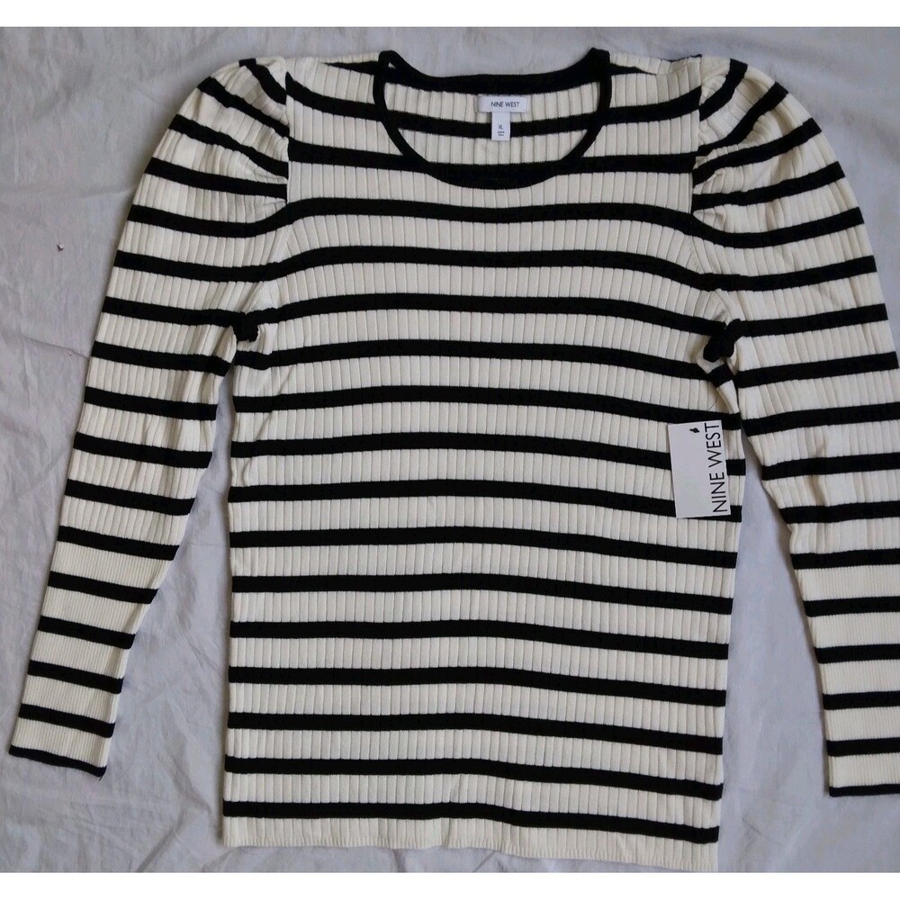 NWT Nine West Ribbed Puff Sleeve Sweater Ivory Black Stripes Long Sleeve XL - Picture 2 of 12